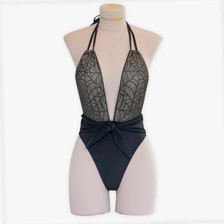 Red Spiderweb High Leg Plunge Neckline One Piece Swimsuit