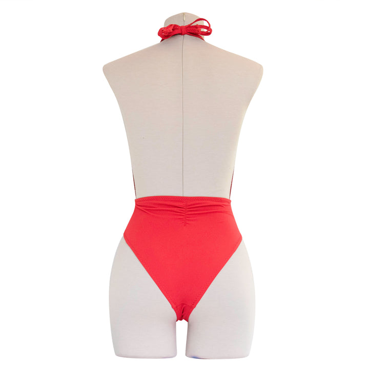 Red Spiderweb High Leg Plunge Neckline One Piece Swimsuit