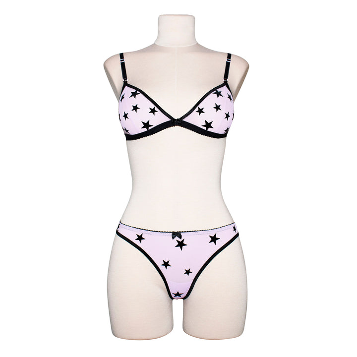 Lilac Star Bralette with Black Velvet Star Appliqué