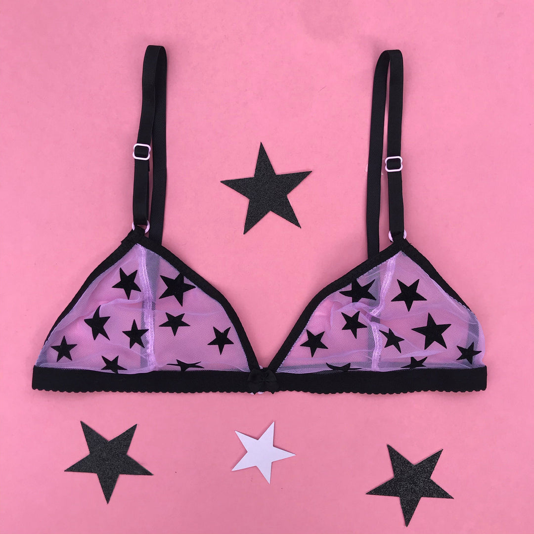 Lilac Star Bralette with Black Velvet Star Appliqué