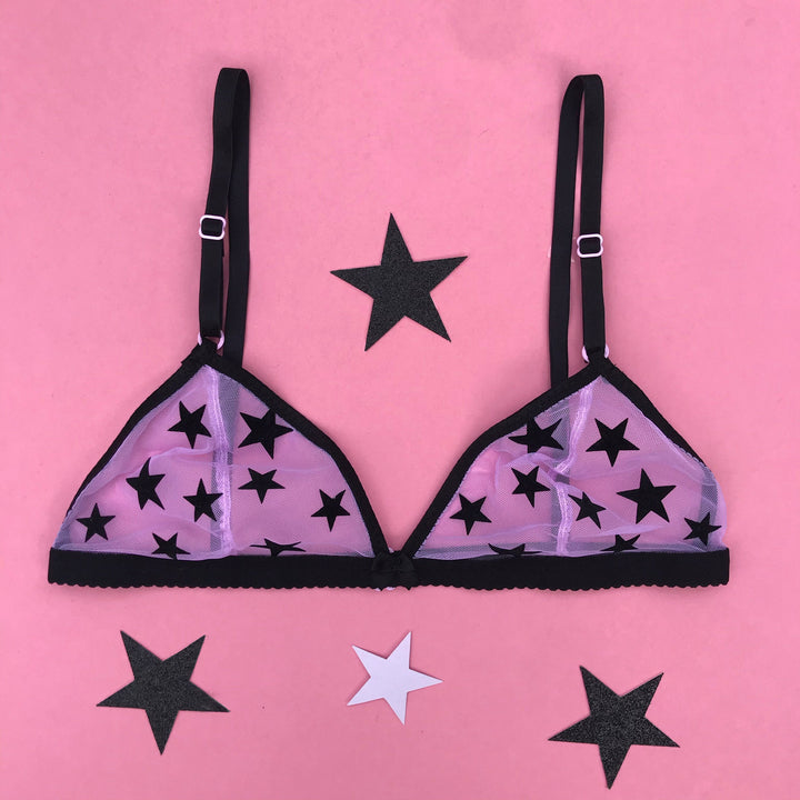 Lilac Star Bralette with Black Velvet Star Appliqué