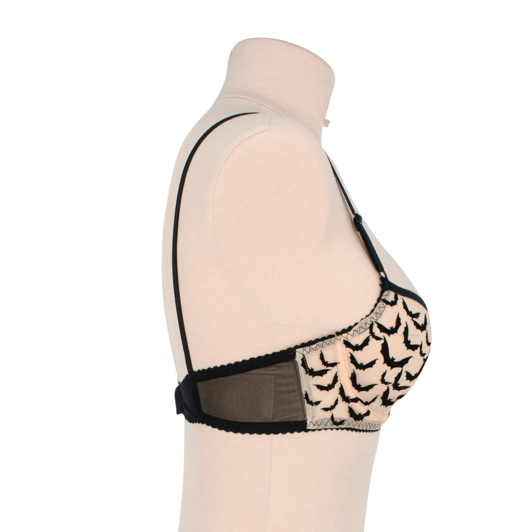 Bat Underwire Bra - Sheer Nude Mesh with Black Velvet Applique