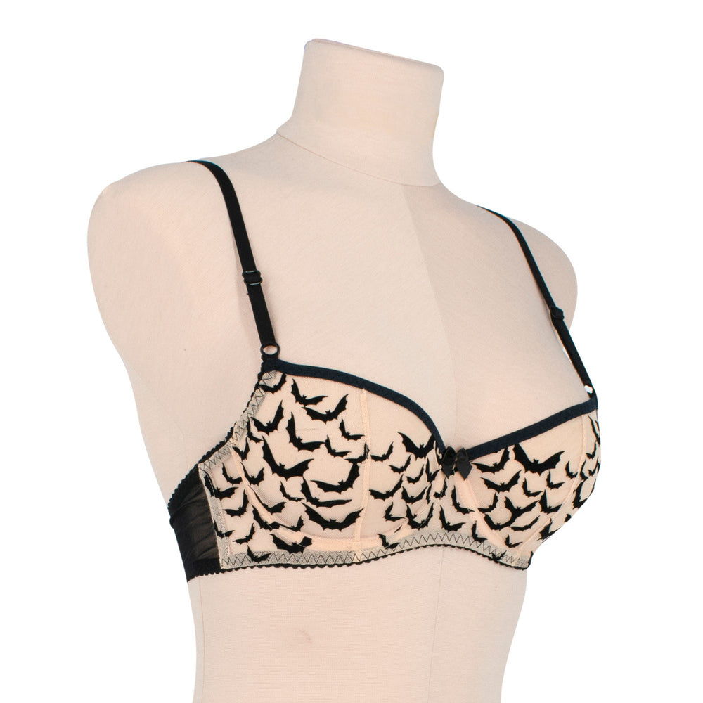 Bat Underwire Bra - Sheer Nude Mesh with Black Velvet Applique