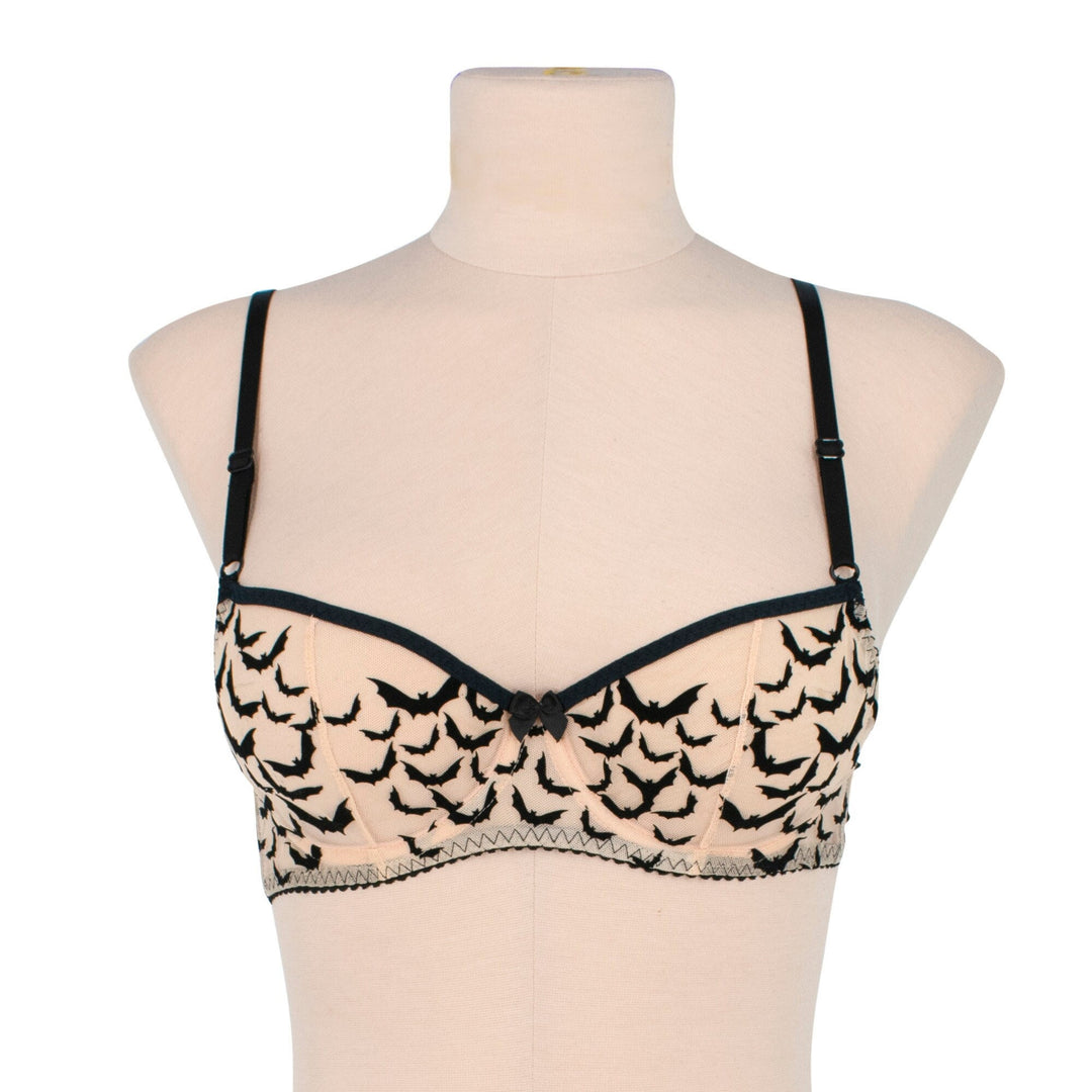 Bat Underwire Bra - Sheer Nude Mesh with Black Velvet Applique